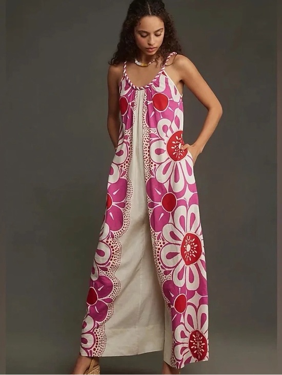 FARM Rio Pants - Farm Rio Maia Pink Floral Linen Jumpsuit Size M